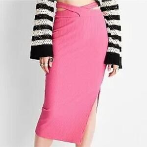 Future Collective‎ NWT Cross Waist Rib-Knit Midi Skirt Pink Size Medium